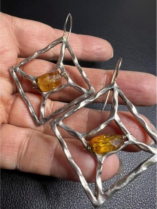 Jewelry - B5130 Artisan Sterling Silve r Geometric Dangle Earrings raw Citrine 17g 2.25"